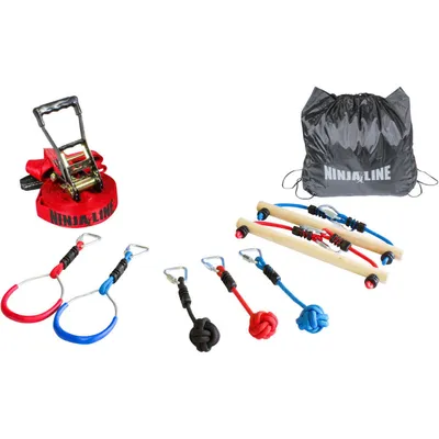 Produktbild von Slackers USA Ninja Line Starter Set, 11 Meter Hangelparcour, tolles 11-teiliges Komplettset, auch als Slackline nutzbar, mit 7 Hindernissen, trainiere wie ein Ninja