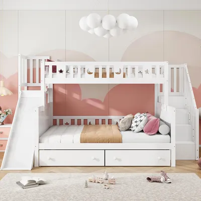 A white bunk bed with a slide and stairs, set in a child's bedroom with pink cloud-themed wallpaper.