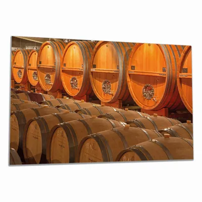 Produktbild von Wallario Herdabdeckplatte aus Glas, Größe 90 x 52 cm 1-teilig, Motiv Weinkeller mit alten Holzfässern