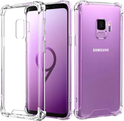 A clear protective case for a Samsung Galaxy S9 phone, shown from multiple angles.