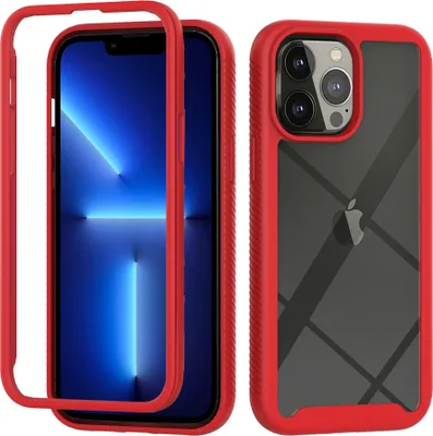 Produktbild von iPhone 13 Pro Hülle, Hybrid Transparente Rückseite Robust TPU Bumper Rutschfest Stoßfest Ganzkörper Schutzhülle für iPhone 13 Pro Rot