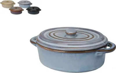 A collection of small oval ceramic dishes with lids, displayed in various colors.