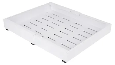 Obrázok produktu pre Polica na uskladnenie do kuchyne – výsuvný organizér do skrinky s koľajnicami – nastaviteľná dĺžka 32–52 cm – montáž bez vŕtania – uhlíková oceľ – biela