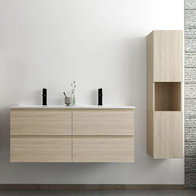 Image de Ensemble Meuble Salle de Bain Chêne, Meuble Lavabo 4 Tiroirs 120cm + vasque + Colonne Haute 131.5cm, suspendu, MDF
