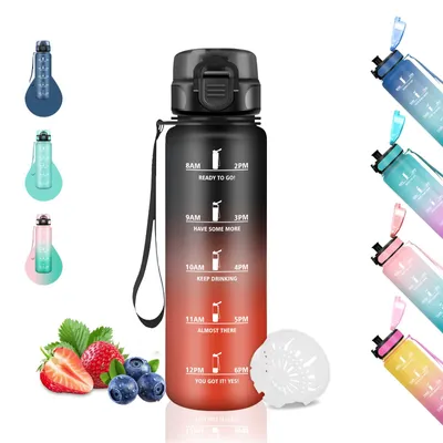 Produktbild von Trinkflasche für Kinder, 500 ml, auslaufsicher, mit Zeitmarkierung, schwarz/rot