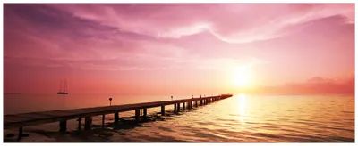 Produktbild von Wallario Premium Glasbild, freischwebende Optik, kräftige Farben, Größe 125 x 50 cm Motiv Auf dem Weg zur Sonne  Steg am Meer