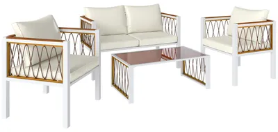 Produktbild von Gartenmöbel Set 4-teilig Polyrattan Lounge-Set mit Zweisitzer 2 Sessel Glastisch abnehmbar Kissen rutschfesten Matte