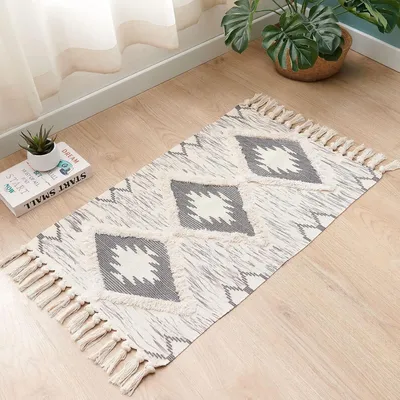 Image de Tapis en coton à motif géométrique, couleur gris, lavable, dimensions 60 x 90 cm