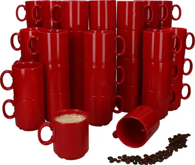 Zdjęcie produktu dla zestaw 48 eventowych kubków do kawy 250 ml czerwonych porcelanowych kubków, które można układać jeden na drugim