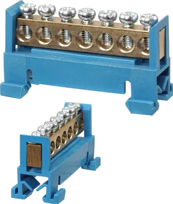 Two views of a blue terminal block with brass connectors and screws, mounted on a rail system.