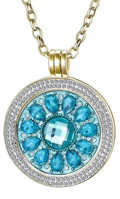 Produktbild von Morella Damen Halskette gold 70 cm Edelstahl und Zirkonia Anhänger mit Coin Blüte Zirkonia türkis 33 mm im Schmuckbeutel