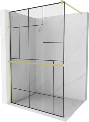Produktbild von Mexen Kioto+ Duschwand mit Walk-in-Regal 110 x 200 cm, schwarzes Muster, gebürstetes Gold - 800-110-121-55-78