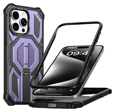 Produktbild von Magnetische Hülle für iPhone 15 Pro, Kompatibel mit MagSafe, Mit Metall-Ständer, Militärischer Stoßschutz Handyhülle Lila