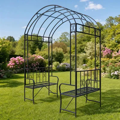 Produktbild von Rosenbogen "Romance" aus Metall, mit 2 Sitzbänken, Rankbogen, 224 x 114 x 262 cm, Rankhilfe, Rosenpavillon mit Outdoor Sitzgruppe