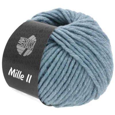 A ball of blue yarn with a black label.