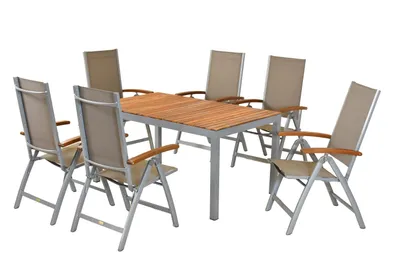 Produktbild von Merxx Gartenmöbelset Naxos 7tlg., 6 Klappsessel, 1 Tisch 150 x 90 cm - Aluminium/Textil/Akazie