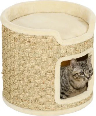 Produktbild von PawHut Kratztonne, 37 cm Hoch Katzentonne, Katzenhöhle mit Tür, Katzenhaus, Kratzbaum mit 2 Ebene, Katzenturm, aus Sisal, für Katze bis 5 kg, Khaki