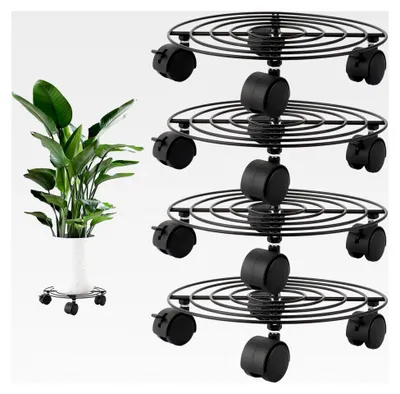 Produktbild von 4 Stück runde Pflanzenroller, 27x5CM, wetterfester Blumenroller für den Außenbereich, Pflanzenuntersetzer mit Rollen, 360° drehbar, Rollbrett für Blumentöpfe mit einer Tragkraft von 40 kg