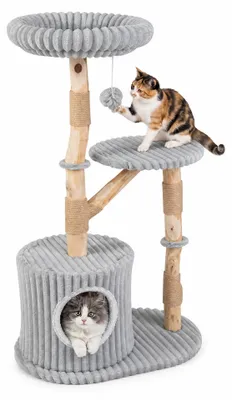 Produktbild von KOMFOTTEU Katzenmöbel mit 2 Plattform, Katzenhöhle, Spielball & Kratzpfosten aus Jute, abnehmbares und waschbares Plüschkissen, KI-generiertes Bild