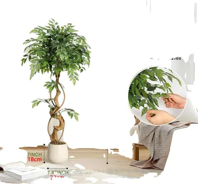 Image de Arbre artificiel Ficus, tige courbée, pot blanc, hauteur, 120cm