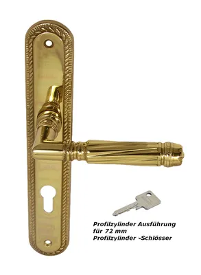 A polished brass door handle set with a key is displayed against a white background.