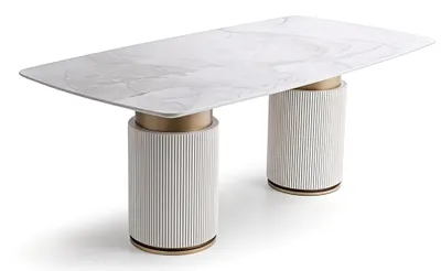 Image de Table de salle à manger moderne, blanche et dorée, aspect marbre, table de cuisine design