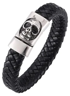 Productafbeelding van Gevlochten Leren Armband met Doodskop en Magnetische Gesp