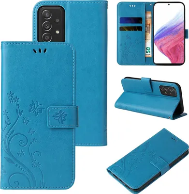 A collage of images showing a blue flip phone case with floral and butterfly designs.