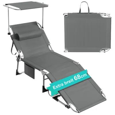 Produktbild von Sonnenliege klappbar mit Dach, Gartenliege, Liegestuhl mit Verstellbarer Rückenlehne & Kopfkissen, Campingliege für Strand, Pool & Garten, Anthrazit