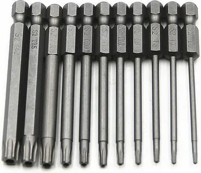 Produktbild von Set mit 11 langen Torx-Bits für Schraubendreher und Bohrmaschinen – Magnetische Bits – 1/4"-Sechskantschaft – Größen T6 bis T40 – Länge 100 mm