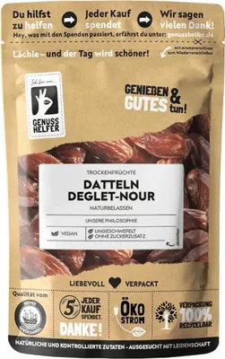 Produktbild von Datteln Deglet Nour, getrocknet, entsteint, ungezuckert & unbehandelt, zum Naschen, Backen, Kochen oder für Müsli, 200g