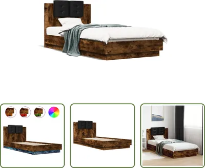 Produktbild von The Living Store Bettgestell mit Kopfteil & LED-Leuchten Räuchereiche 100x200 cm