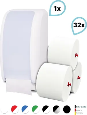 Produktbild von SET: 1x Toilettenpapierspender Doppelrollen Blanc Cosmos verschied. Farben + 32 Toilettenpapierrollen Long Life 3L - PRODUKTSET : Farbe - Weiß Farbe: Weiß