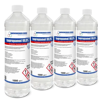 Produktbild von Ravensberger Chemie Isopropanol 99,9 % – hochreiner Alkohol zum Reinigen & Entfetten, rückstandsfrei, für Technik, Werkstatt & Industrie - 4x 1 Liter