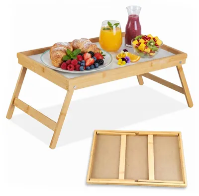 Produktbild von 2 x Betttablett klappbar, Tablett mit Füßen, Frühstück im Bett, Bambus & MDF, HBT 23,5 x 63 x 31 cm, natur/weiß