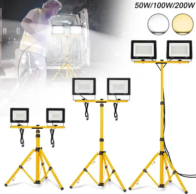 Productafbeelding van XINZI 2*100W LED-spots, koelwit, met gele statief - EU-stekker + 1 meter netsnoer, aluminium behuizing, schijnwerper, geschikt voor garage, tuin, bouwplaats