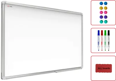 A whiteboard with accessories displayed to the right.