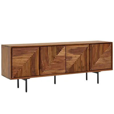 Image de Meuble bas « Hapur » : corps en bois massif de sheesham, recouvert d'un vernis transparent ; pieds en acier inoxydable thermolaqué couleur sheesham, avec 4 portes. Dimensions (L/H/P) : 140 x 54 x 33 cm