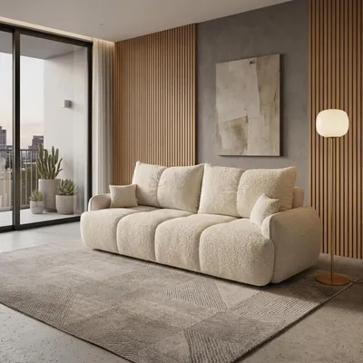 Produktbild von 3-Sitzer Sofa LOBINO mit Schlaffunktion, DL-Automat und Bettkasten – moderne Schlafcouch mit Stauraum, ausziehbar, Bouclé-Schlafsofa Beige