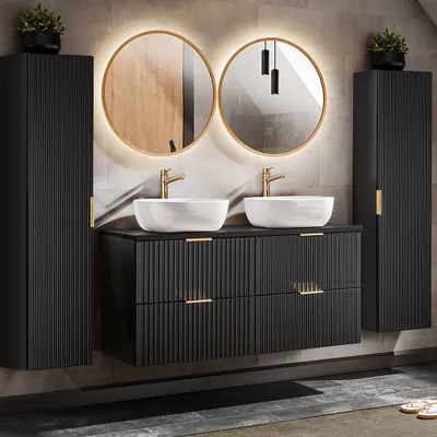 A modern black bathroom vanity set with double sinks, gold faucets, and integrated LED lighting around the mirrors.