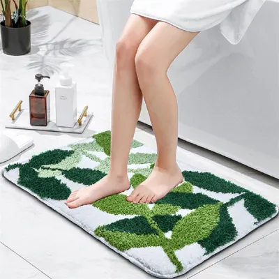 Image de Tapis de bain 44 x 61 cm, vert, antidérapant, lavable, très doux, avec motif de feuilles, pour la salle de bain, la chambre à coucher, la chambre d'enfant