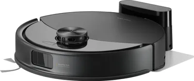 A black robot vacuum cleaner with its charging dock.