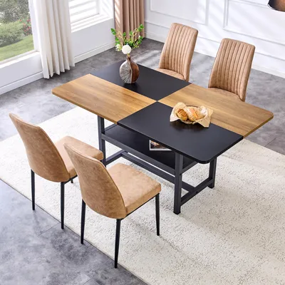 Produktbild von MODFU Esszimmerstuhl Set,Küchenstuhl mit 4 Stühle braunen Metallbeinen und Esstisch,160 cm lange Tisch,Küchentisch mit Ablagefach