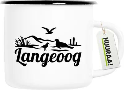 Produktbild von Huuraa Emaille Tasse Langeoog Strandmotiv 300ml Vintage Campingbecher Geschenkidee