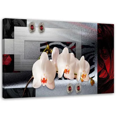 Produktbild von Leinwandbild weiße orchidee auf geometrischem hintergrund 60x40 cm Feeby grau wandbild bereit zum aufhängen