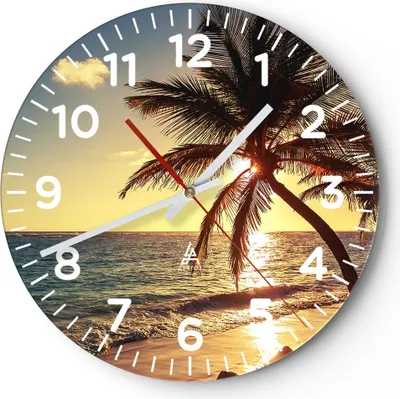 Produktbild von Wanduhr - Rund - Glasuhr - Wolke exotischer Palm- Landschaft - 30x30cm - Schleichendes Uhrwerk - Lautlos - zum Aufhängen bereit - Dekoration Modern - Wanddekoration aus Glas - C4AR30x30-3180