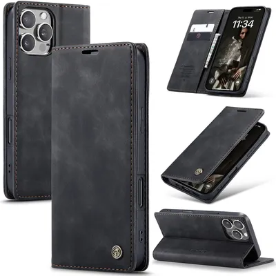 Produktbild von Hülle für iPhone 16 Pro Retro Kunstledertasche mit Standfunktion Schutzhülle Schwarz
