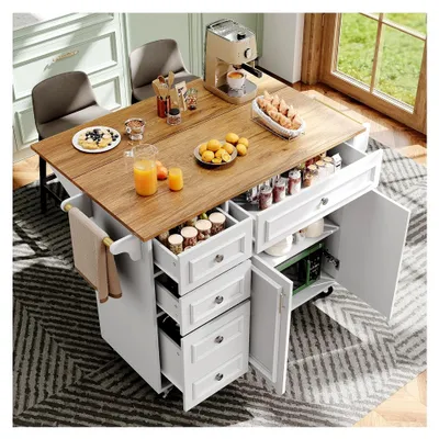 Produktbild von Küchenwagen mit klappbarer Arbeitsplatte, moderner Küchenschrank, Servierwagen mit Rollen und Handtuchhalter, Kücheninsel mit 4 Schubladen und 2 Türen, 110×45-75×92cm (Weiß)