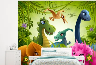 Produktbild von MuchoWow® Fototapete für Wohnzimmer oder Schlafzimmer Wandtapete Vinyl Motivtapete Dinosaurier - Tiere - Dschungel - Illustration - Baby - Jungen - Mädchen - Kinder - 325x260 cm - Tapete