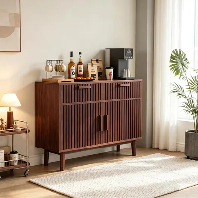 Produktbild von INONEFT Schließfächer mit 2 Schubladen, 100 x 35 x 80 cm Sideboard, Nussbaum, Küchenschrank mit 2 Türen, Fußschrank, Korbaufbewahrungsschrank.
